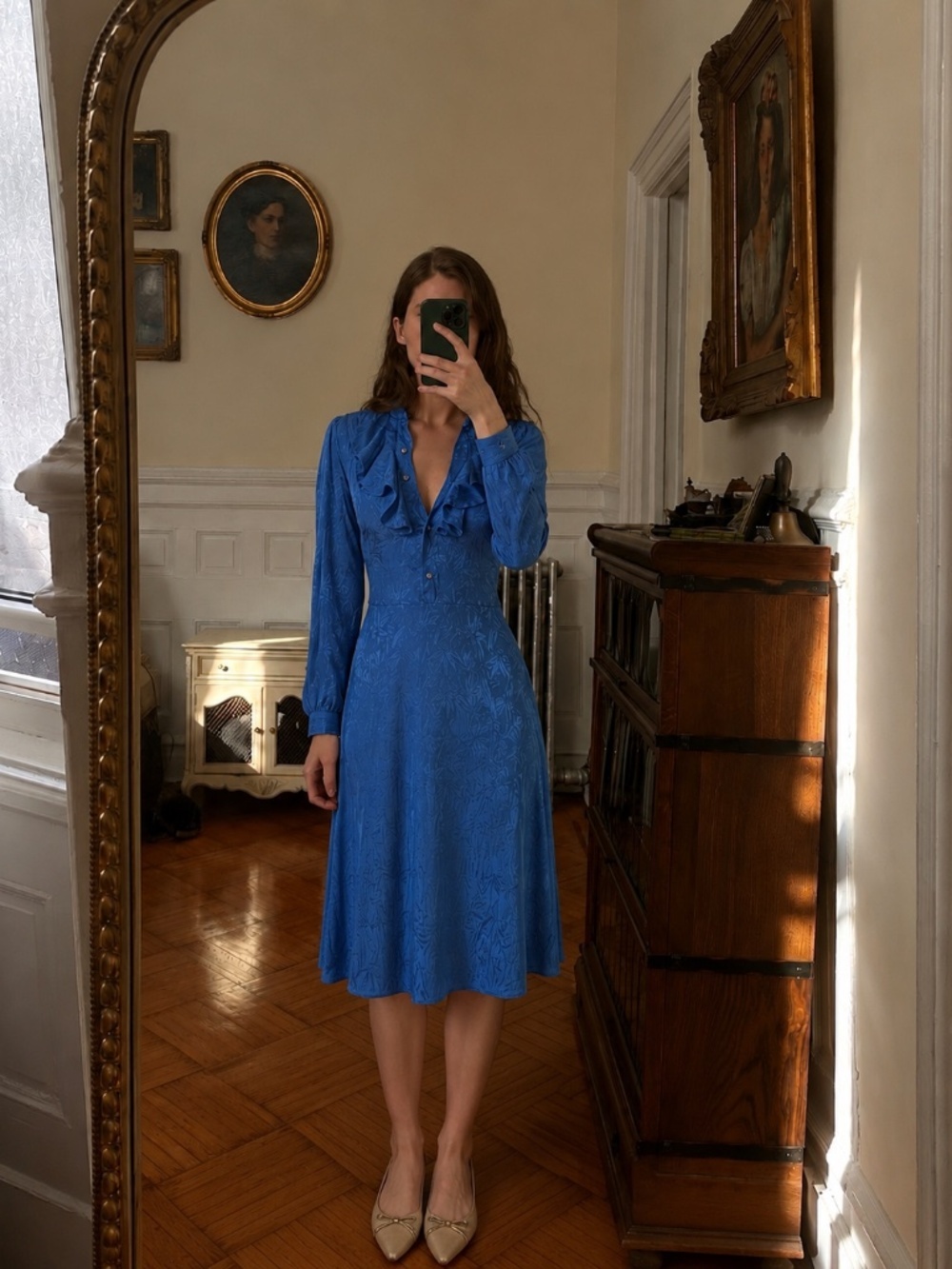 70s Orite Blue Satin Midi Dress Size Medium Formal Office